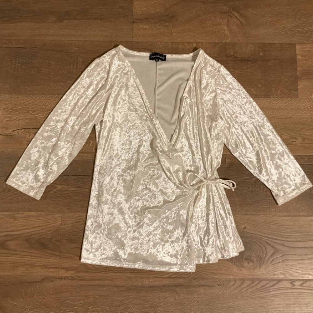 Inner Beauty white velvet long sleeved wrap Blouse, 1X